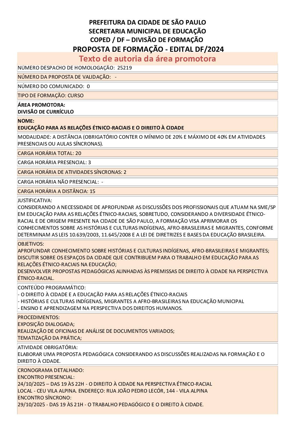 Proposta formativa homologada pela SME.