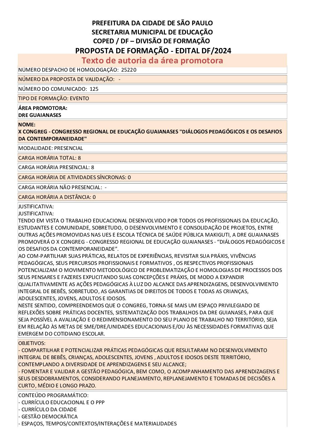 Proposta formativa homologada pela SME.