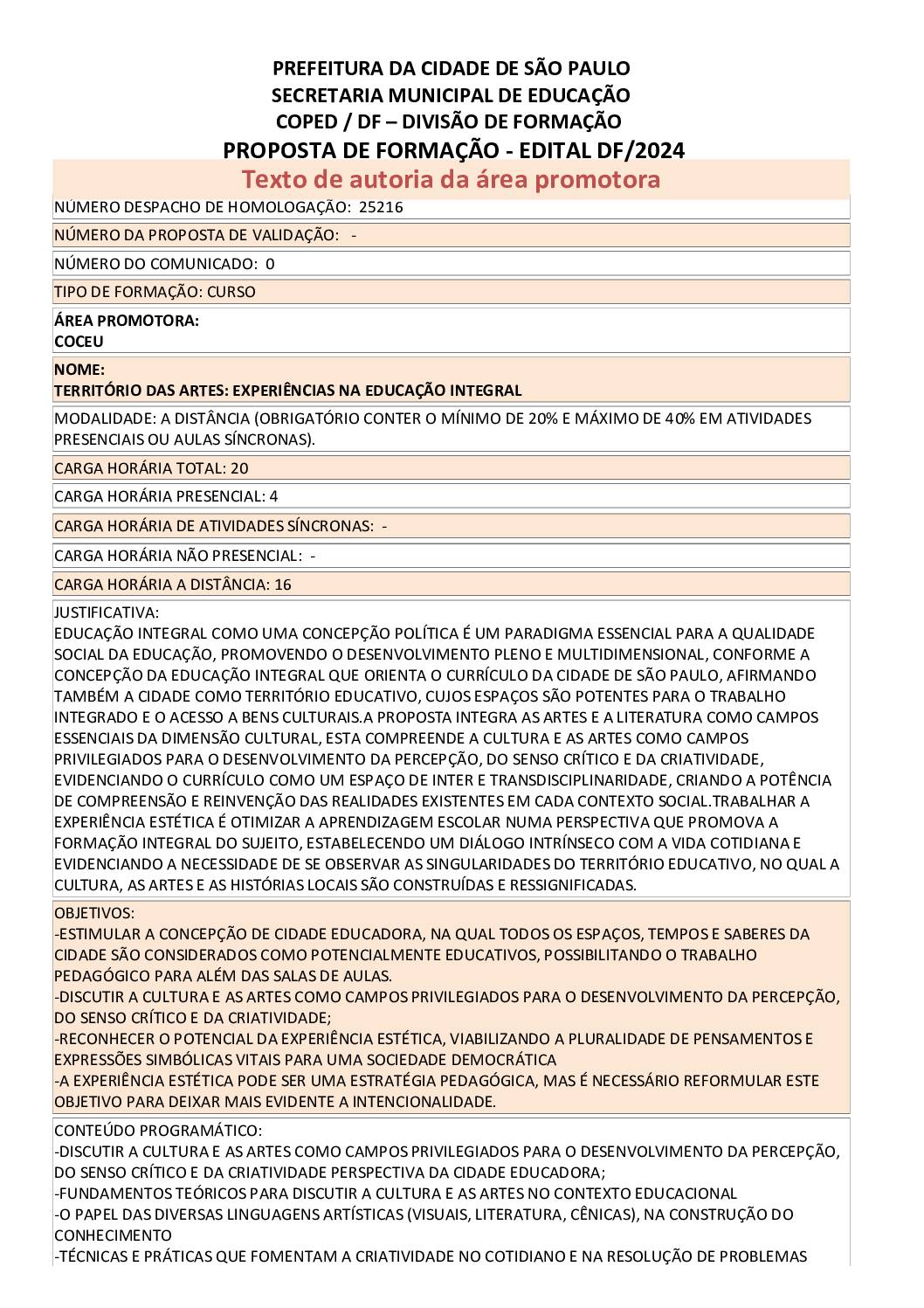 Proposta formativa homologada pela SME.