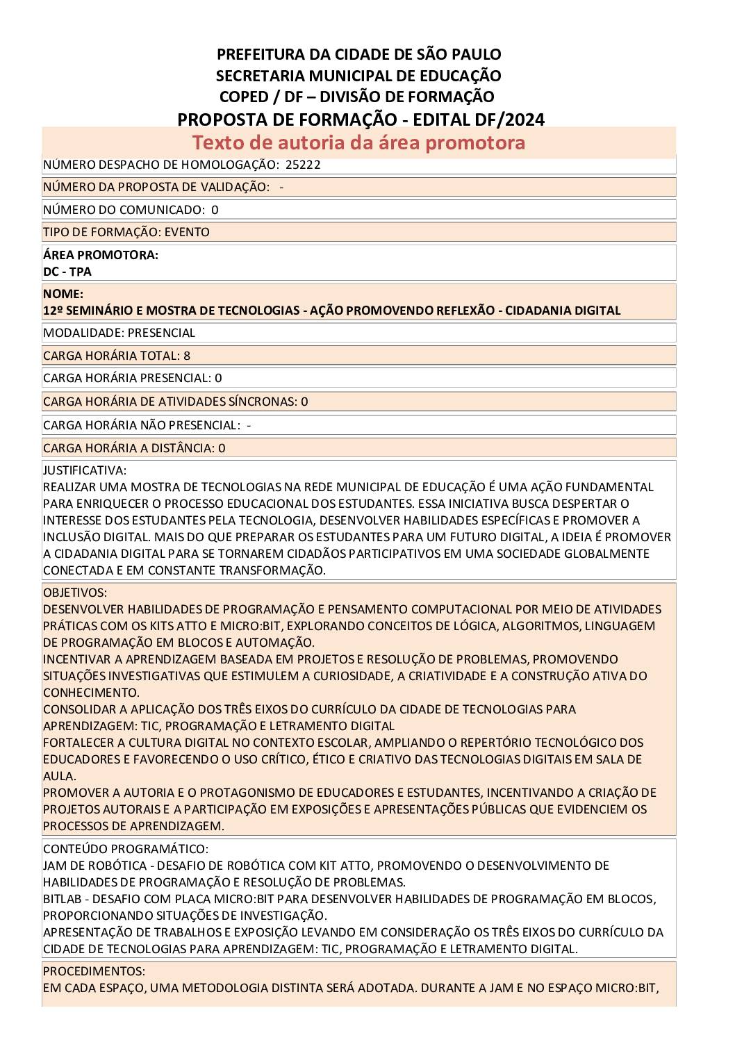 Proposta formativa homologada pela SME.