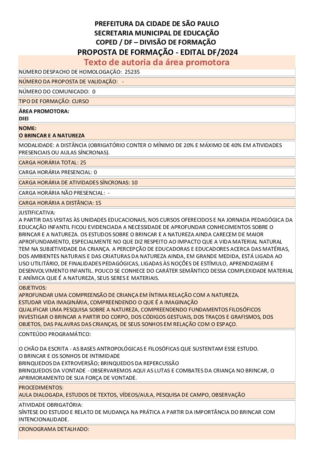 PROPOSTA FORMATIVA HOMOLOGADA PELA SME.