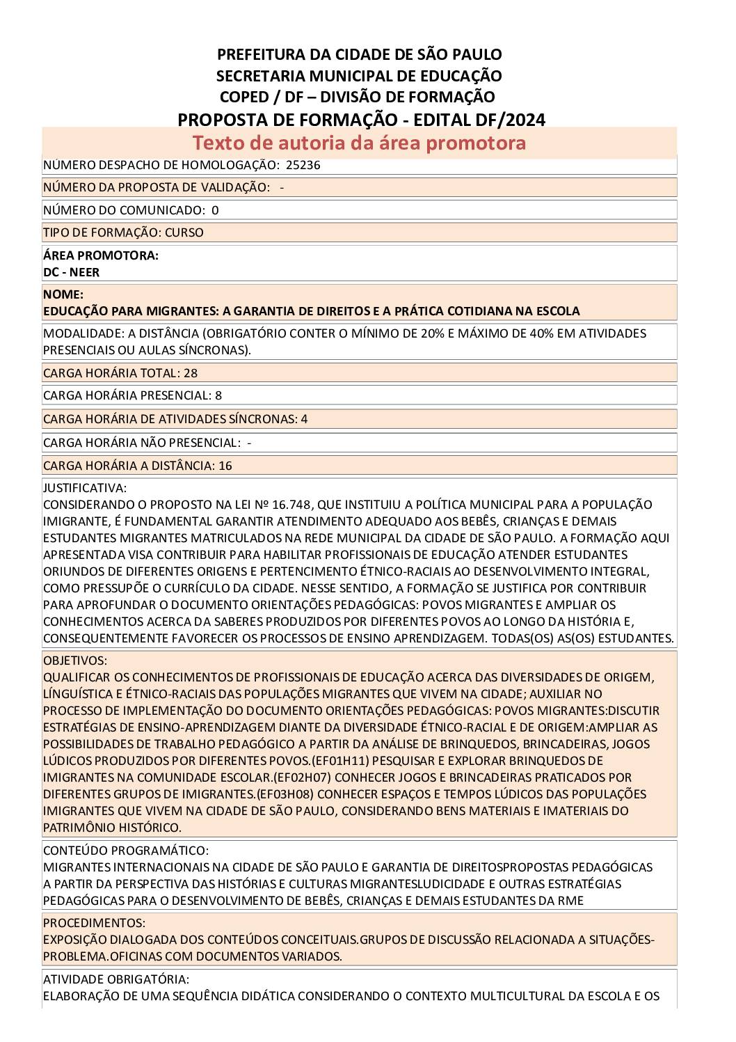 PROPOSTA FORMATIVA HOMOLOGADA PELA SME.