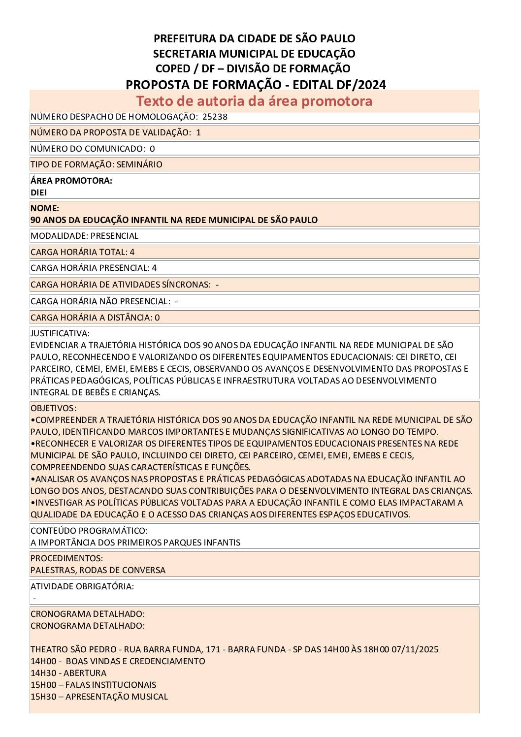 PROPOSTA FORMATIVA HOMOLOGADA PELA SME.