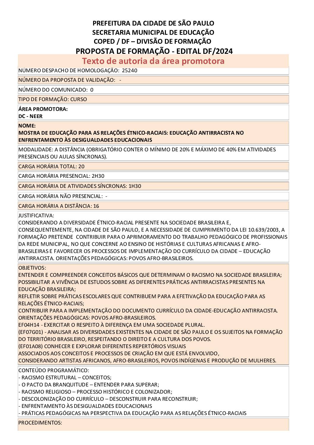 Proposta formativa homologada pela SME