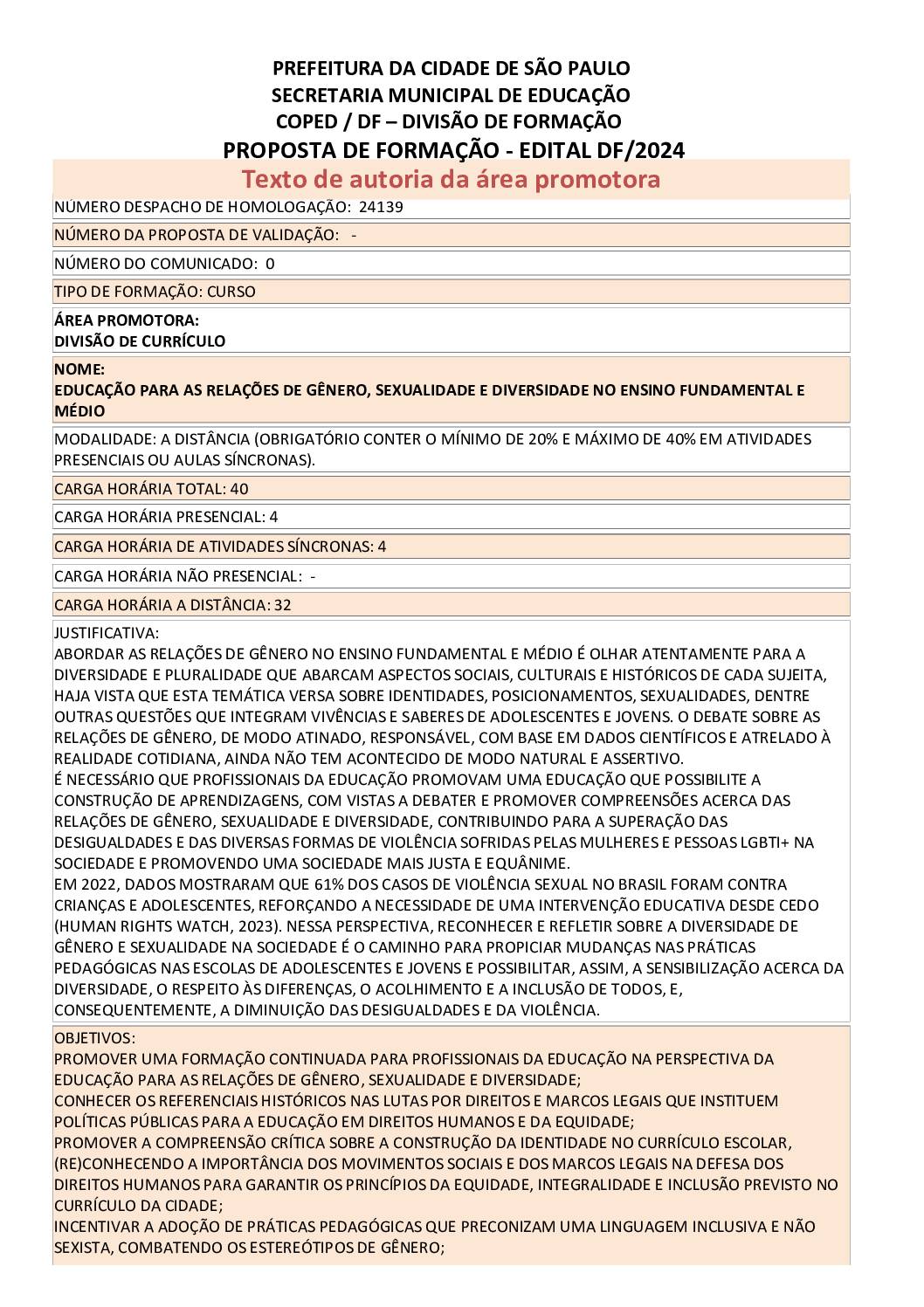 Proposta formativa homologada pela SME.