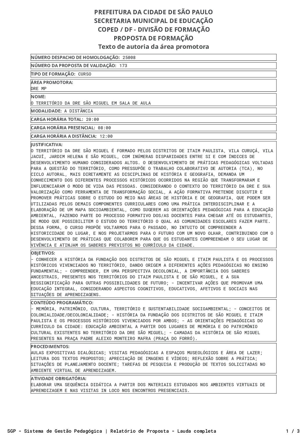 Proposta homologada pela SME