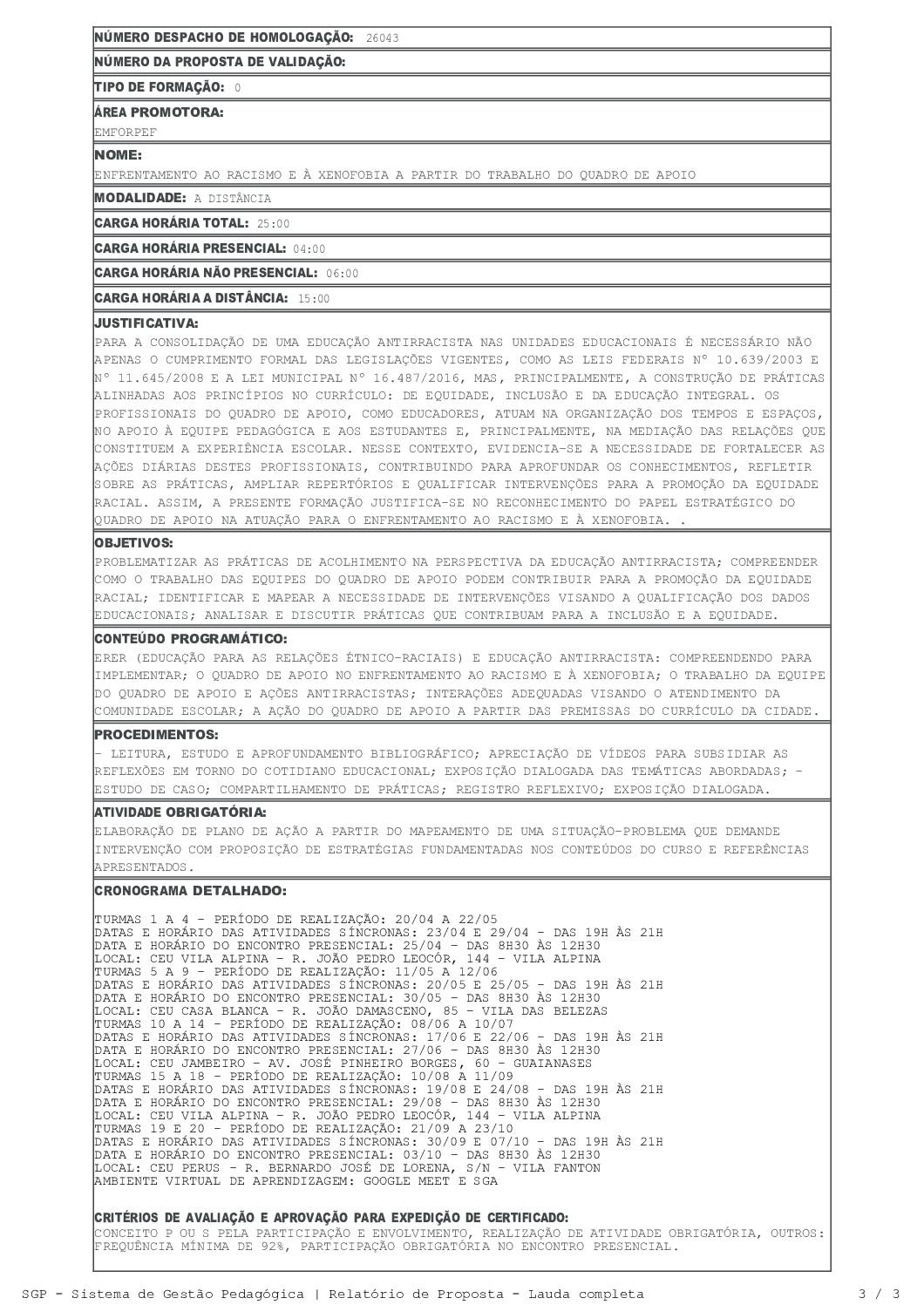 Proposta homologada pela SME