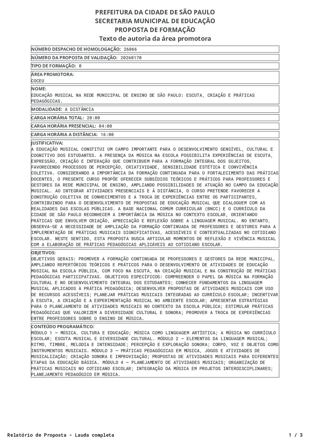 Proposta homologada pela SME.