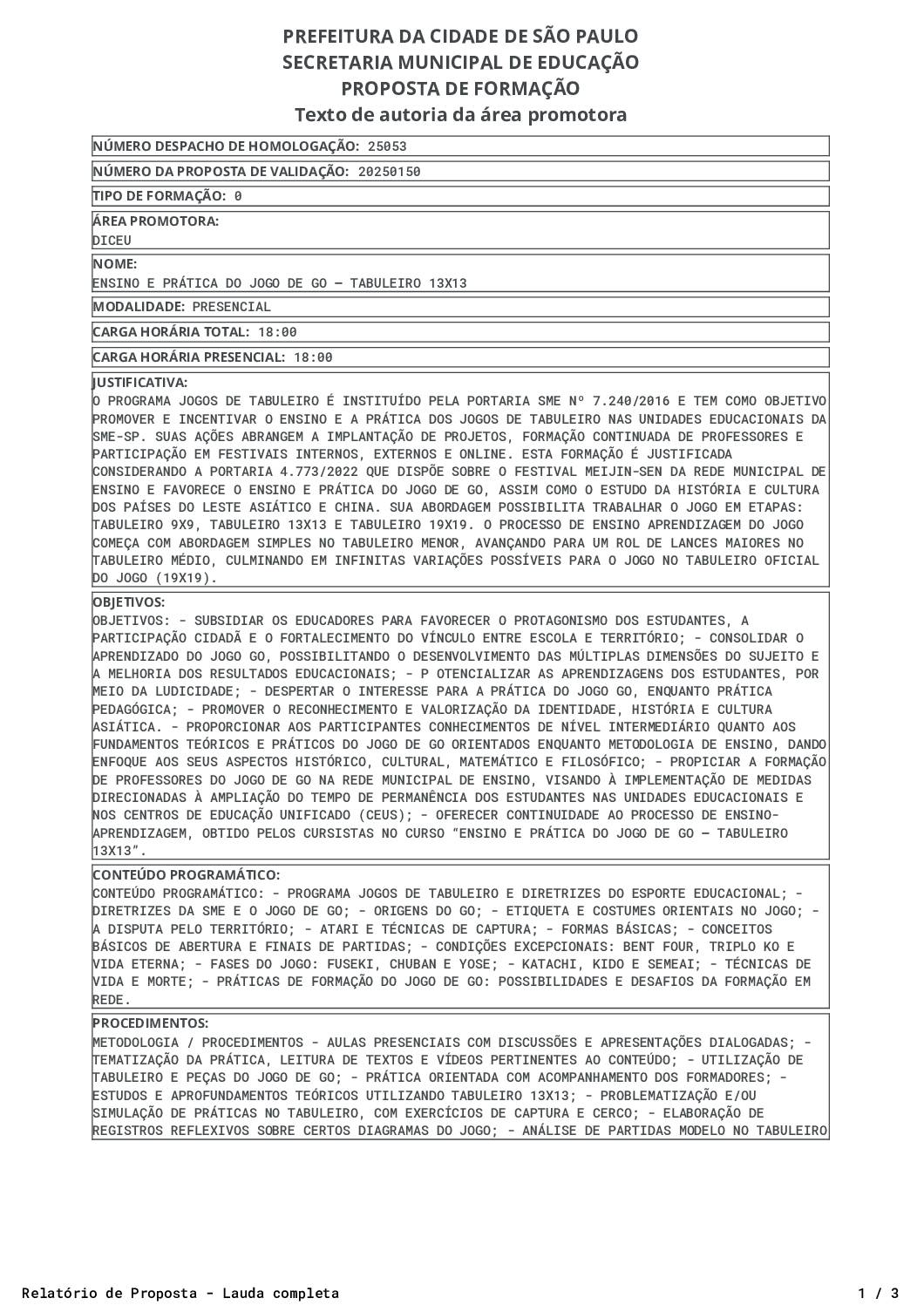 Proposta homologada pela SME.