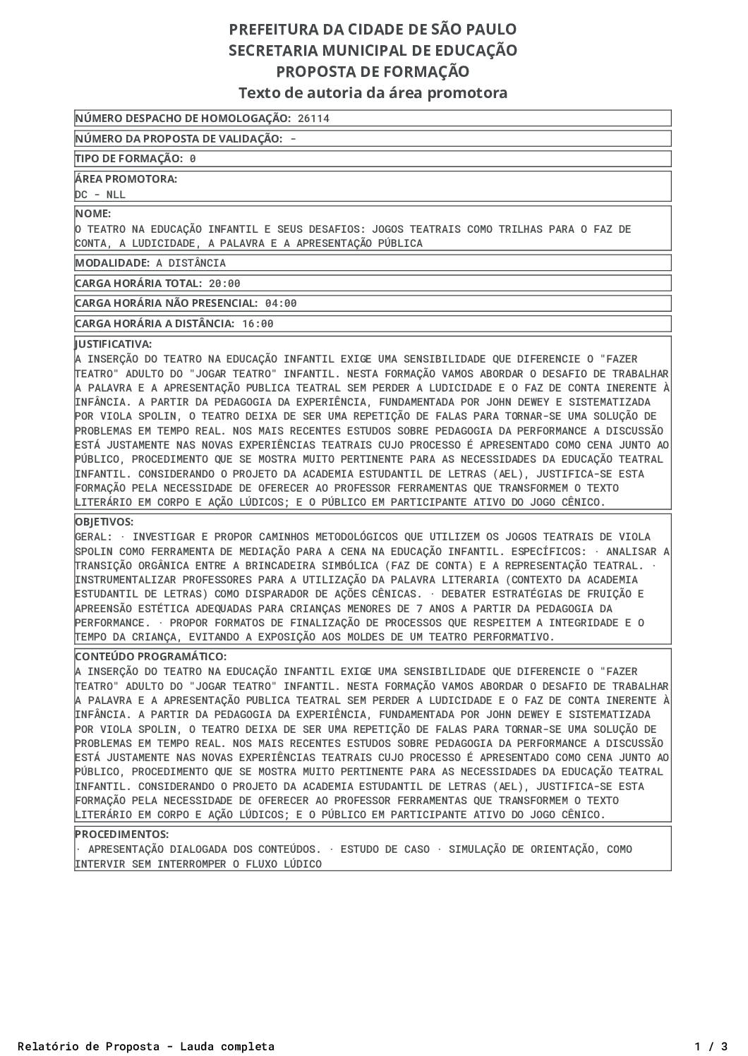 Proposta homologada pela SME.