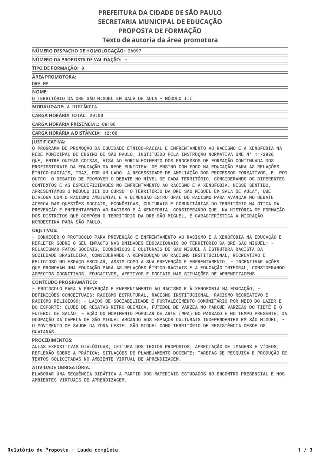 Proposta homologada pela SME.