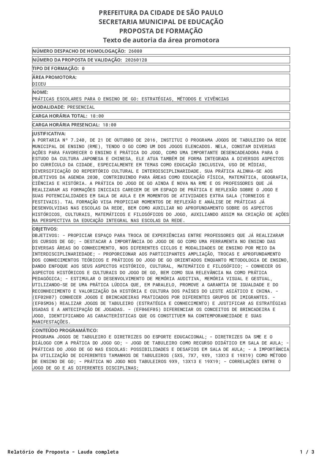 Proposta homologada pela SME.