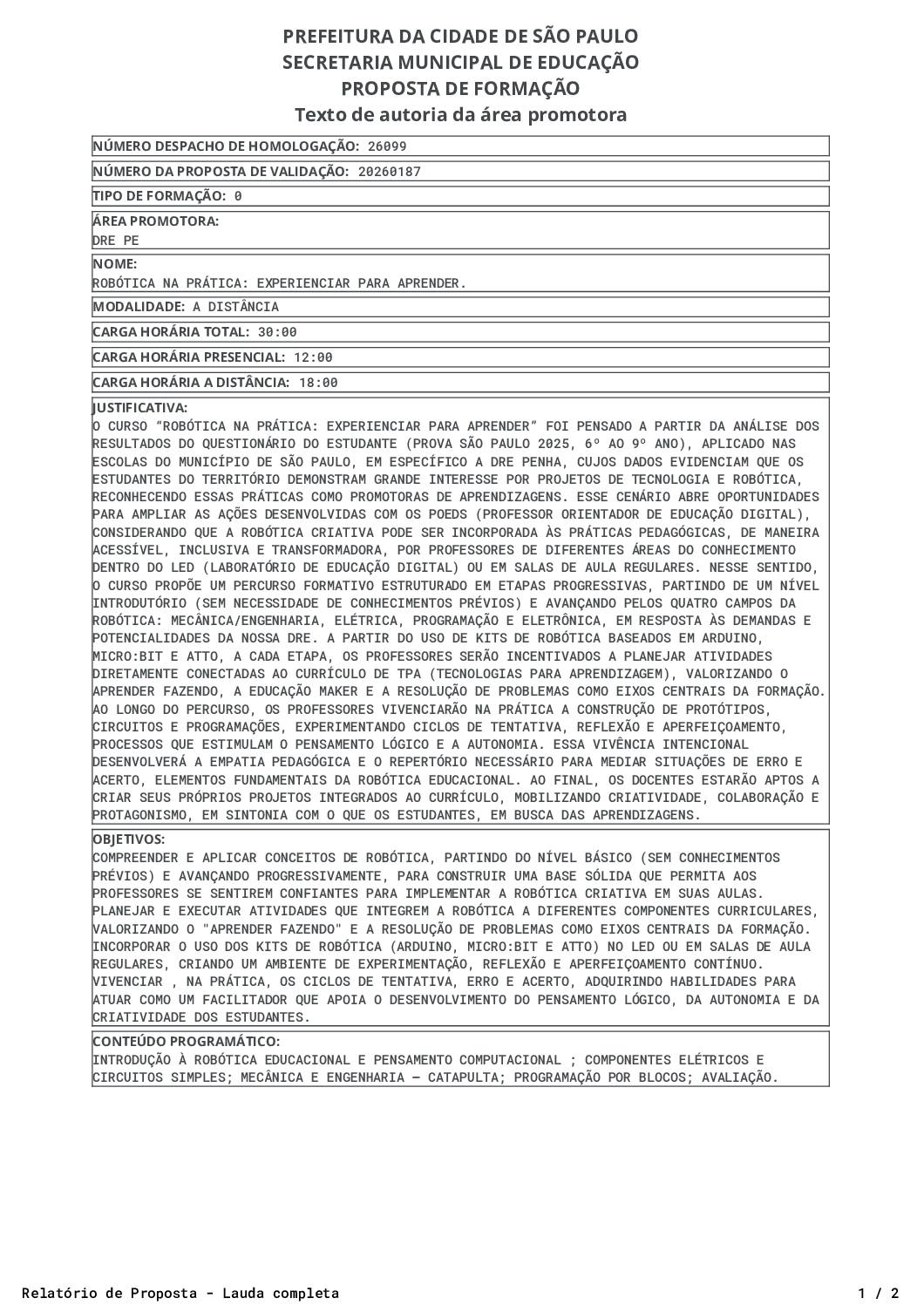 Proposta homologada pela SME.