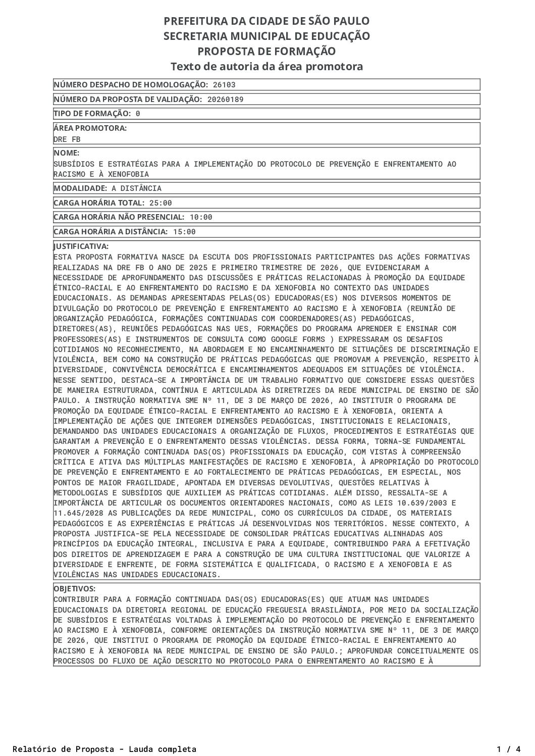 Proposta homologada pela SME.