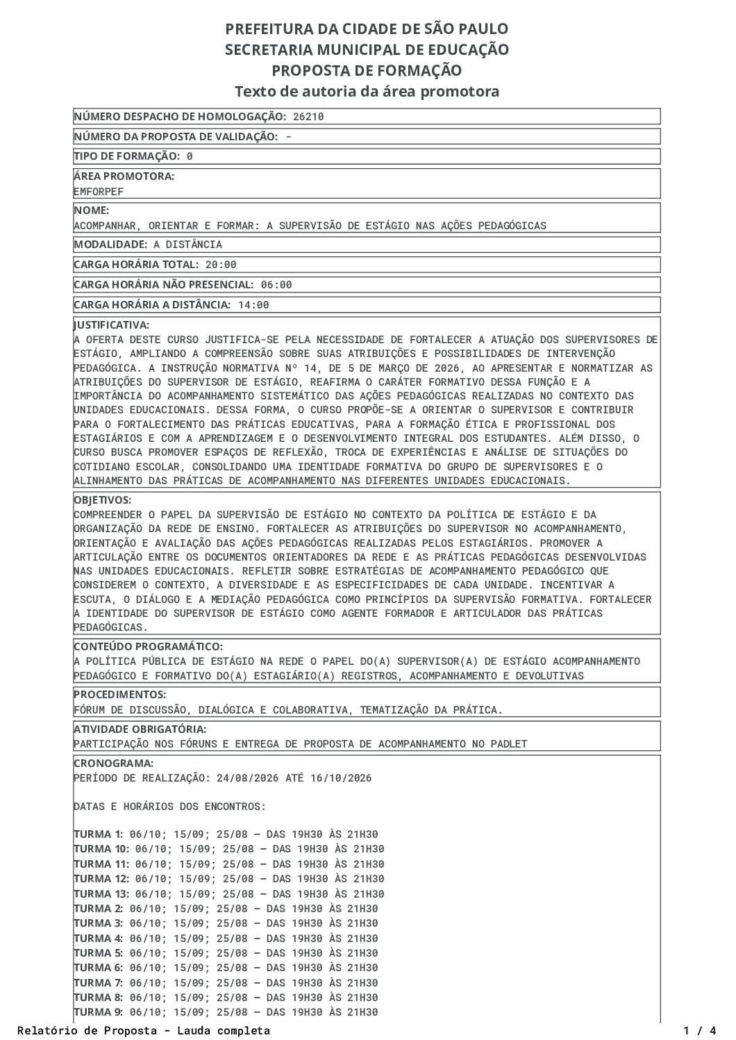 Proposta homologada pela SME