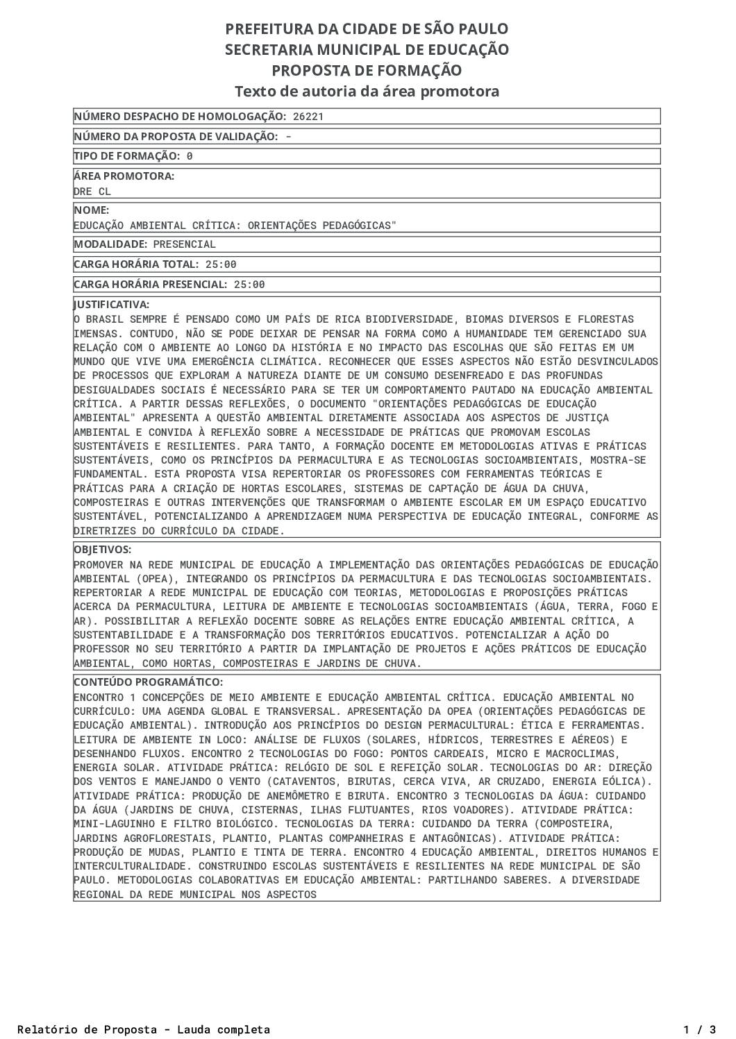 Proposta homologada pela SME